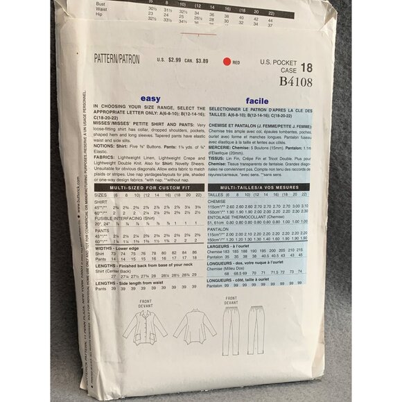 See & Sew B4108 Womens Blouse & Pants Sewing Pattern Size 12-14-16 uncut - Picture 2 of 2